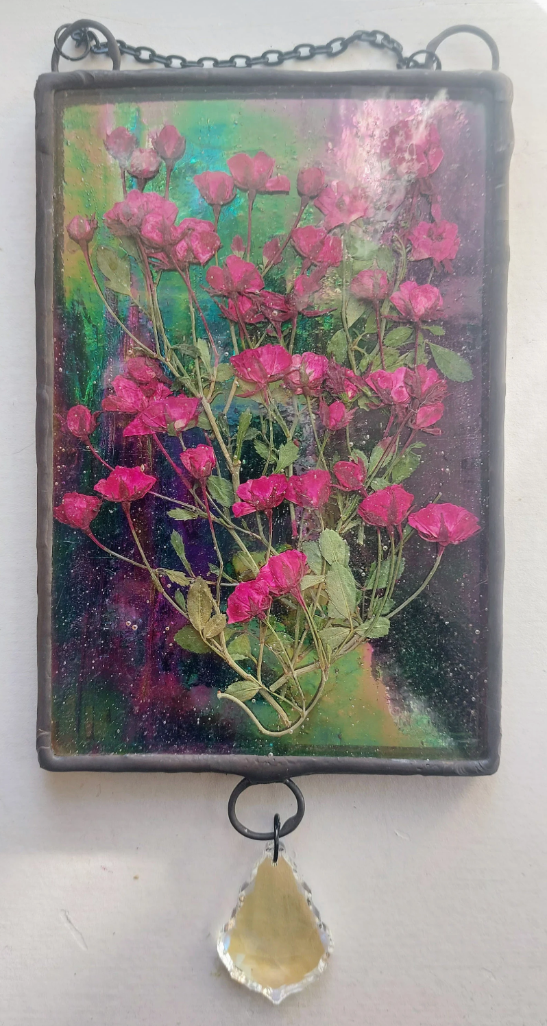 Stained glass: Iridescent pink rose pressed flower panel 4x6
