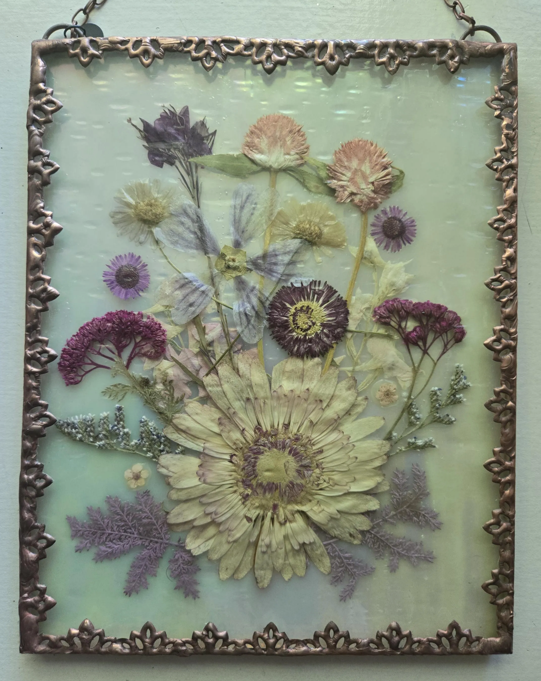Stained glass: Iridescent white and pressed flower panel 6x8