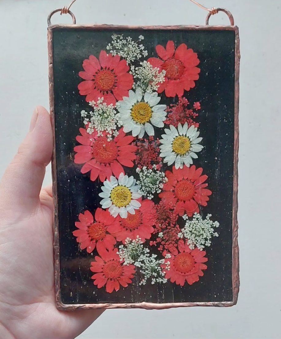 Stained glass: Black and red flower panel 4x6