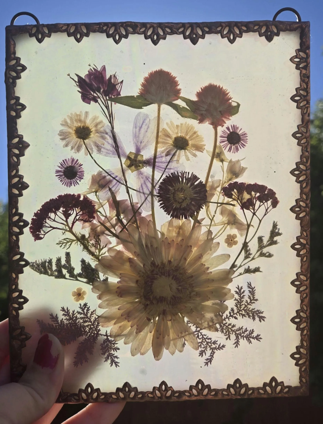 Stained glass: Iridescent white and pressed flower panel 6x8