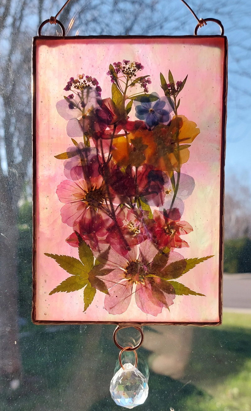 Stained glass: Iridescent pinks and pressed flower panel 4x6