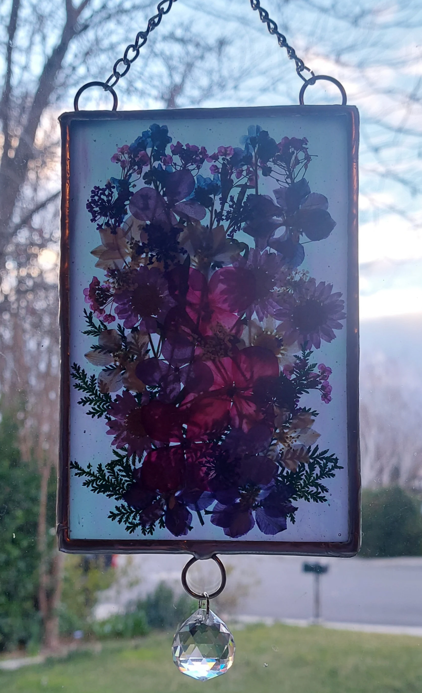 Stained glass: Iridescent blue and pressed flower panel 4x6